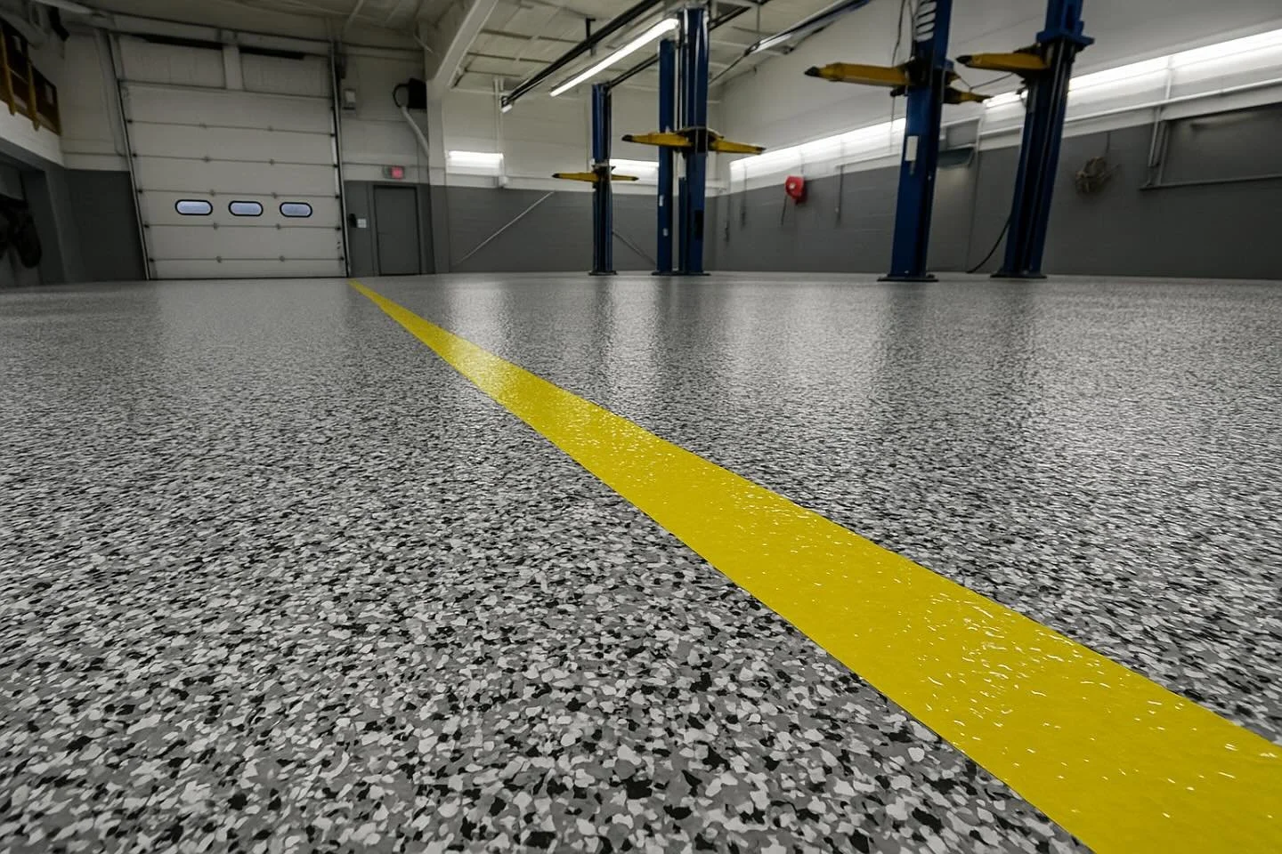 Non-slip epoxy resin floor with decorative color flakes.
Epoxy Resin Floors for Garages and Workshops.

&bull; Extreme resistance: these floors can last 10 years or more, handling weight, heavy traffic, and intense use.
&bull; Fire-resistant: withsta