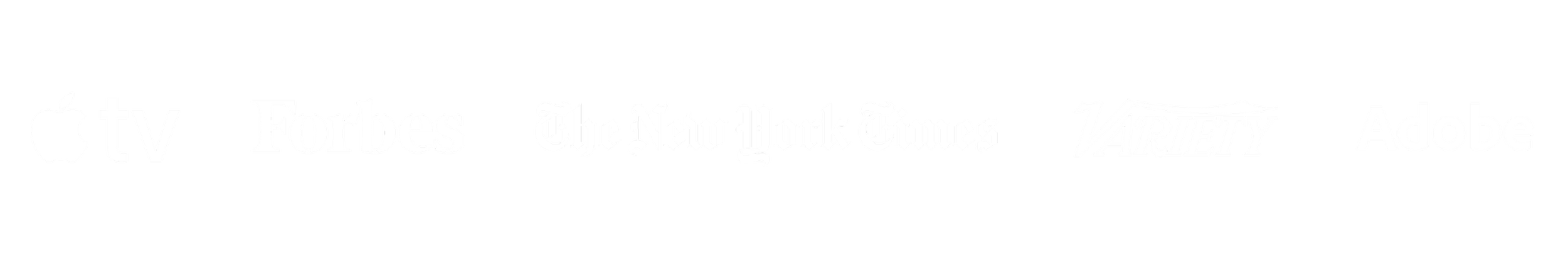 Collection of logos of media outlets including Apple TV, Forbes, The New York Times, Variety, and Adobe.