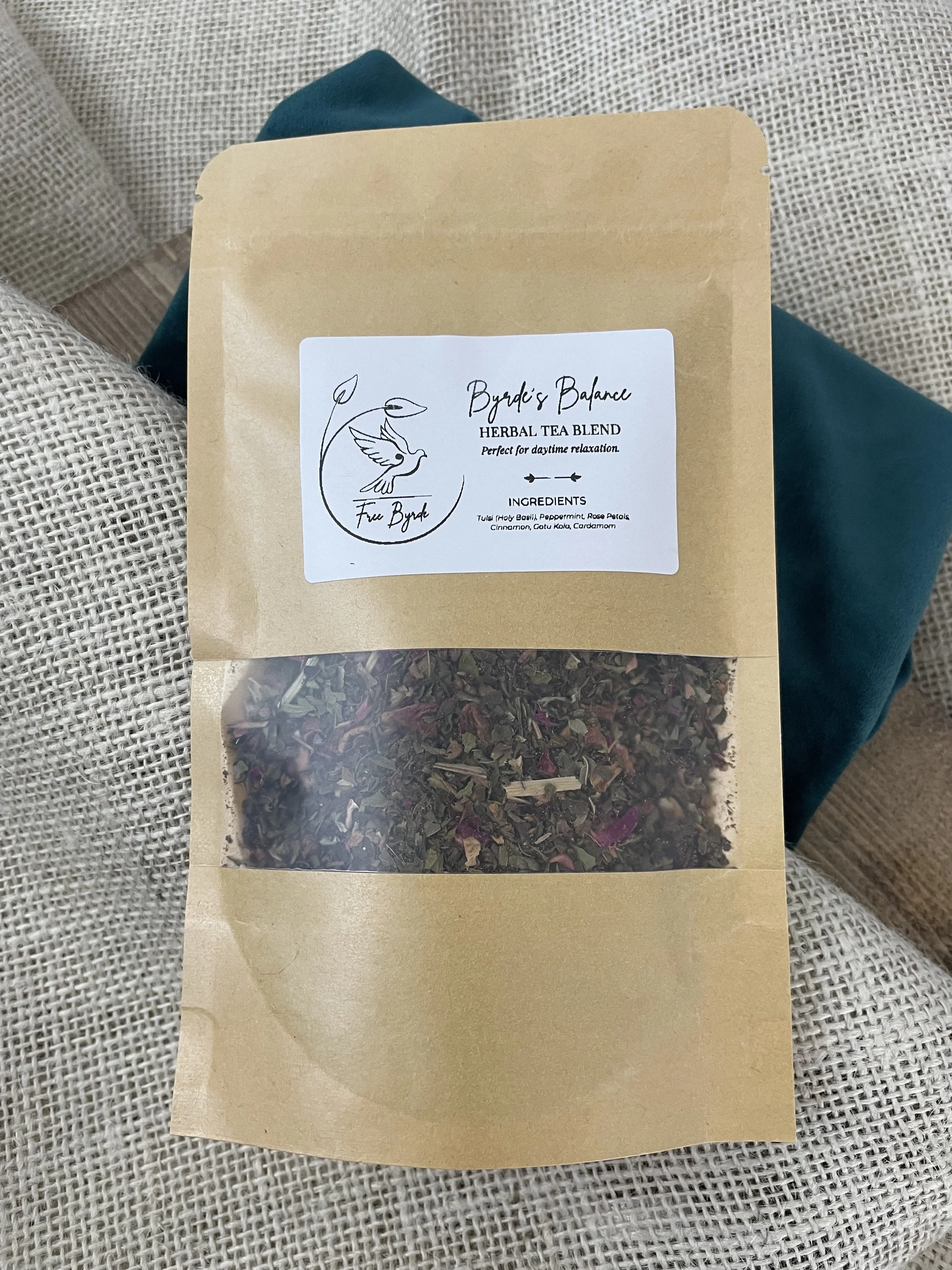 Package of Byrde’s Balance loose leaf herbal tea blend in a 1 oz pouch