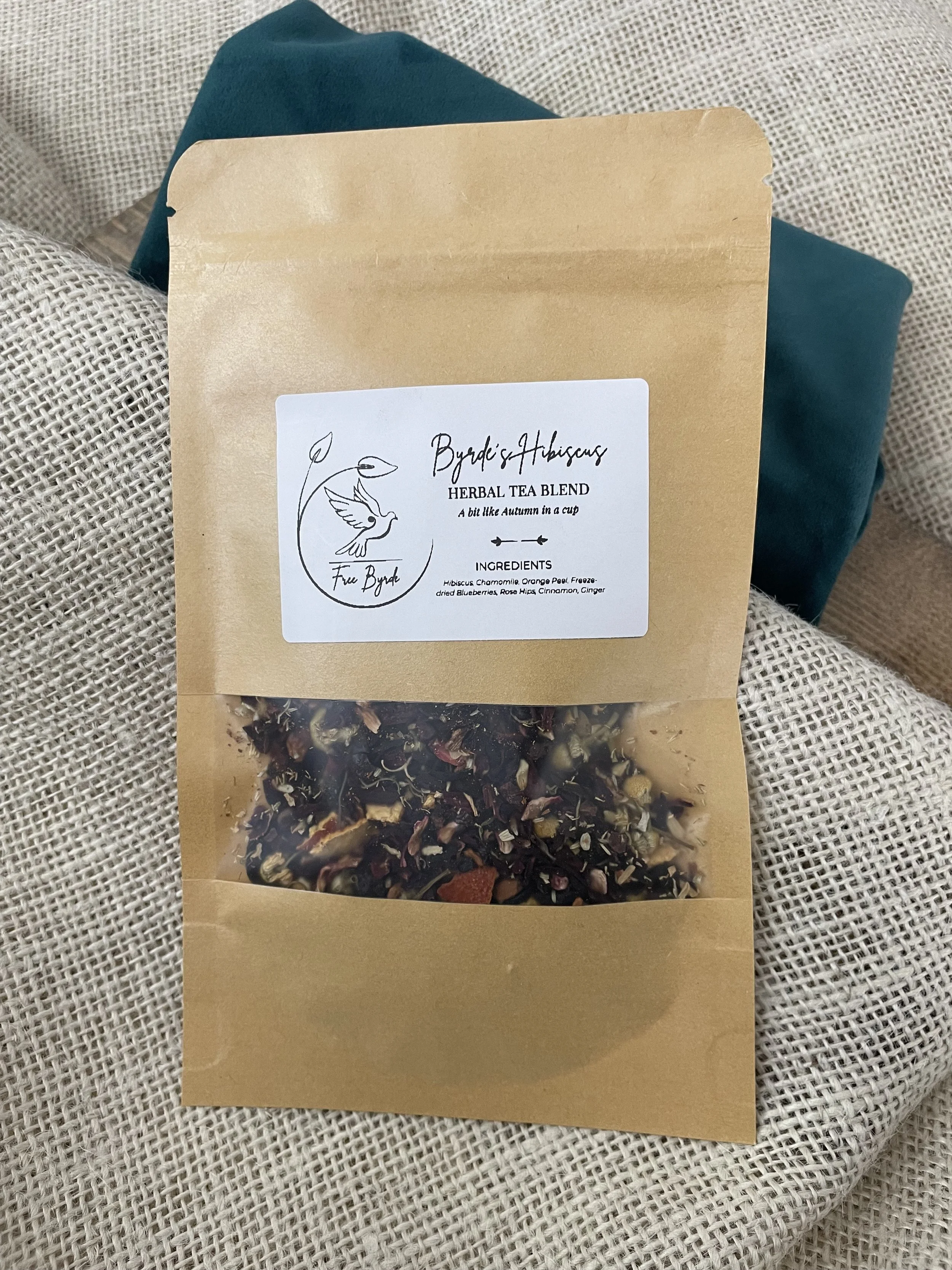 Package of Byrde’s hibiscus herbal tea blend in a 1 oz loose leaf tea pouch