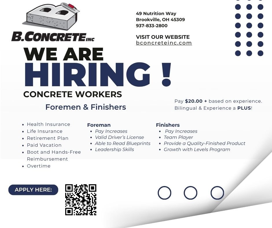 Join our team at www.bconcreteinc.com - we have good benefits, pay, and more.

&Uacute;nete a nuestro equipo en www.bconcreteinc.com: ofrecemos buenos beneficios, buen salario y m&aacute;s.