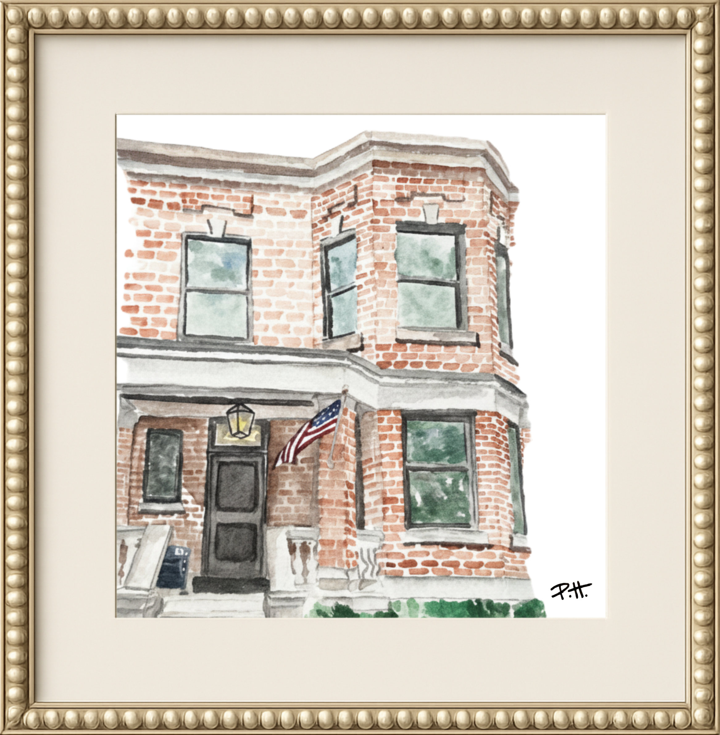 Watercolor painting of a brick building with two windows, an American flag hanging on the porch, and a signature reading "Pitt" in the bottom right corner.