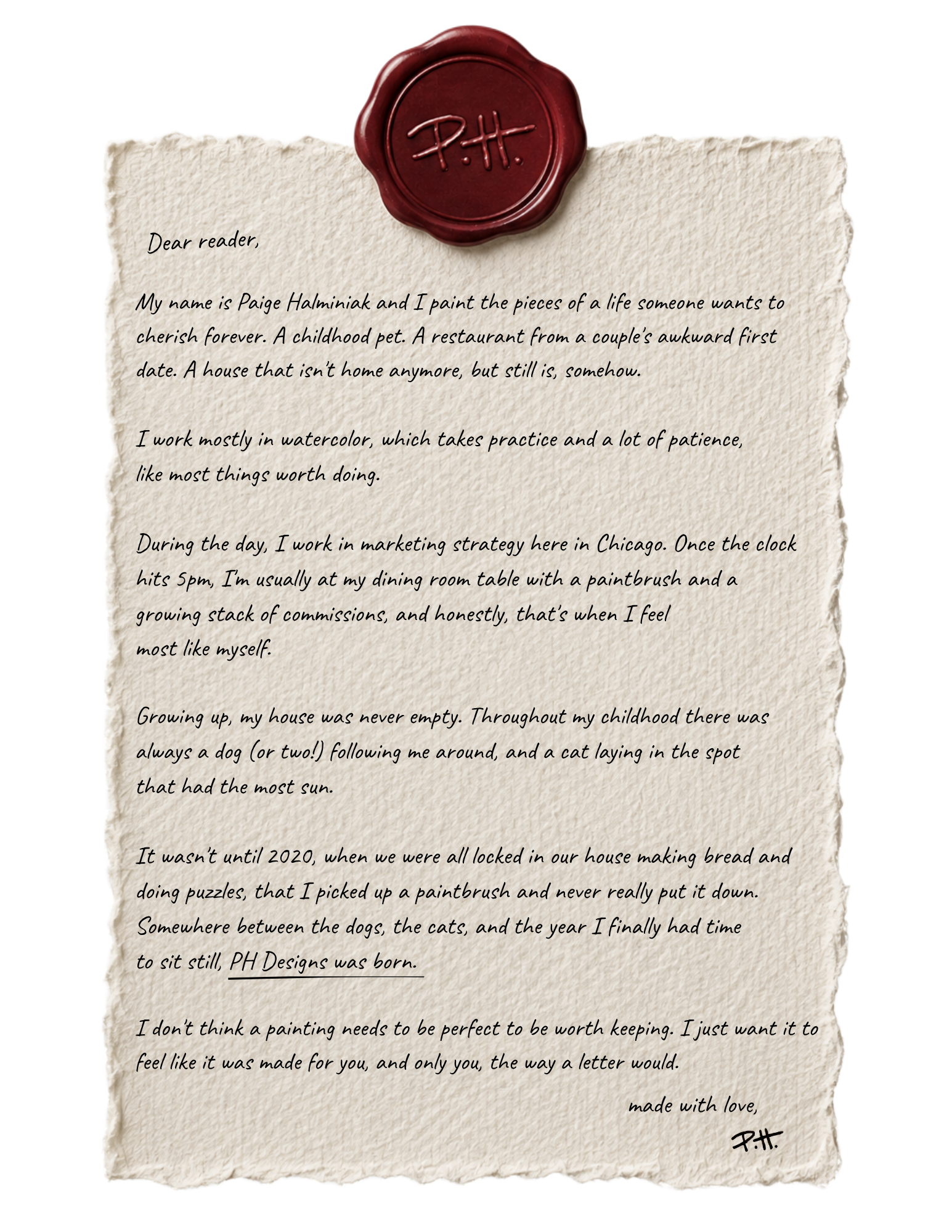 A handwritten letter on textured paper with a red wax seal at the top. The letter contains a personal story and is signed with initials 'P.H.'