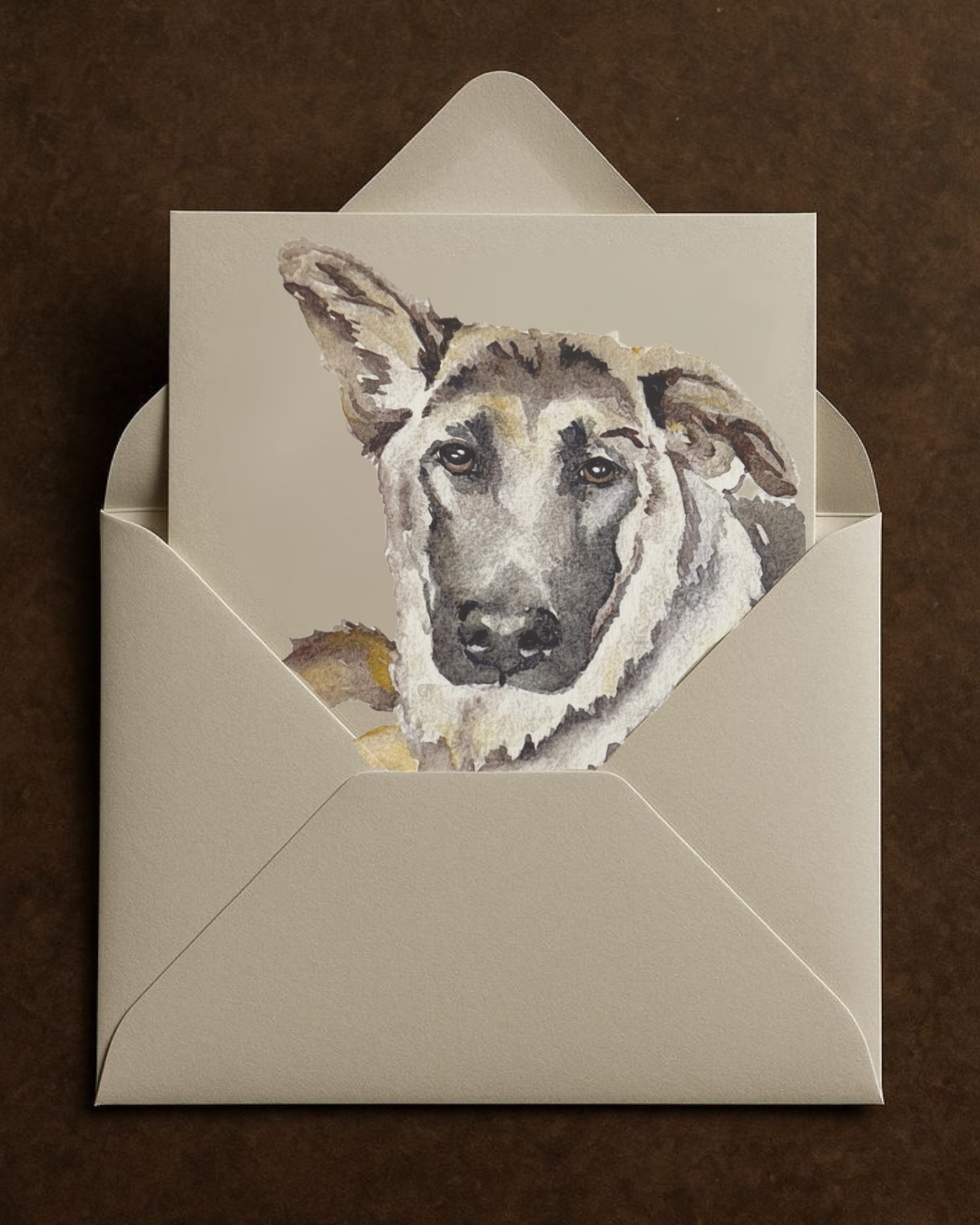 A greeting card with a watercolor portrait of a dog, partially inside a cream-colored envelope on a brown background.