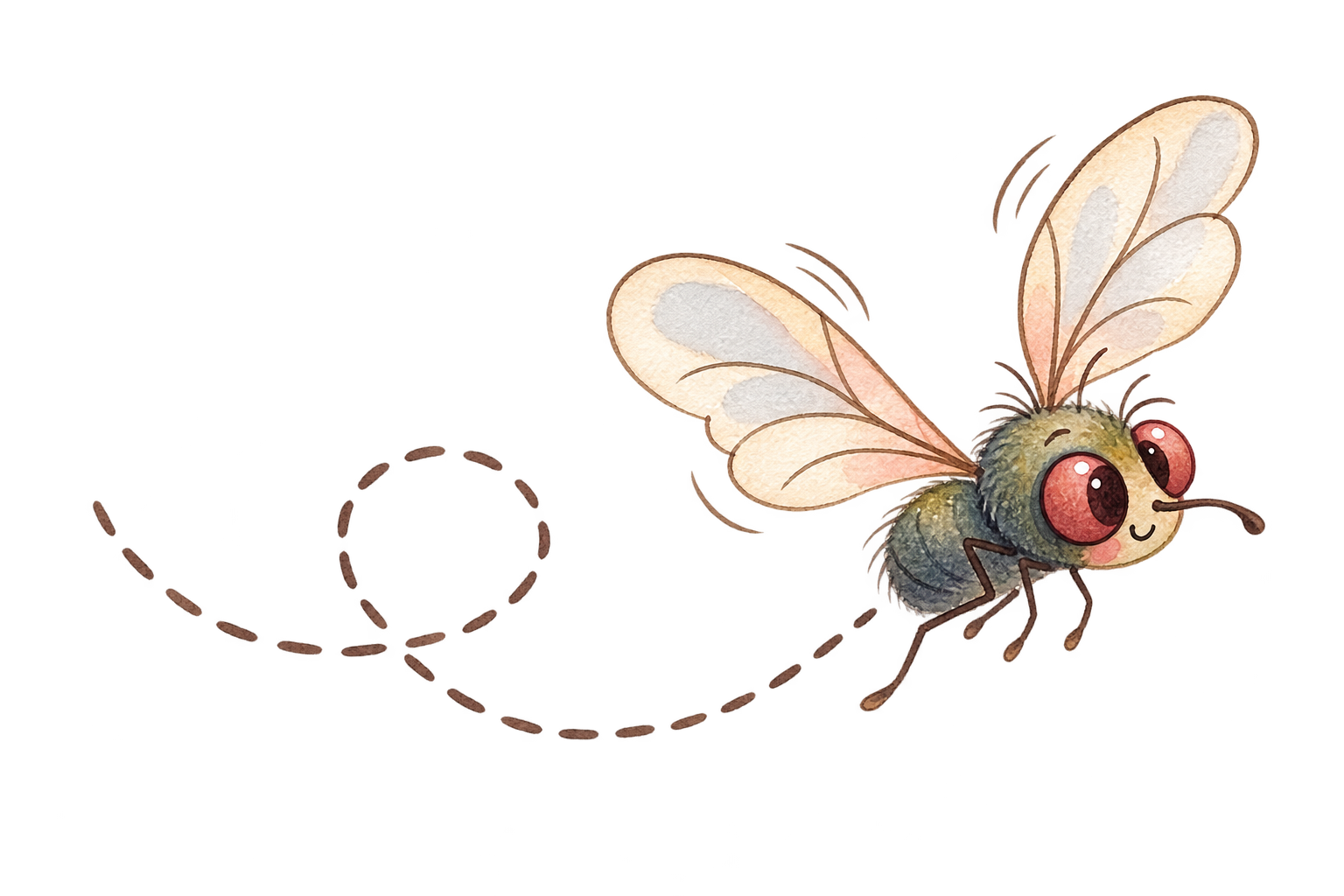 A cute cartoon flying bee with large pink eyes, tiny wings, and a happy expression.