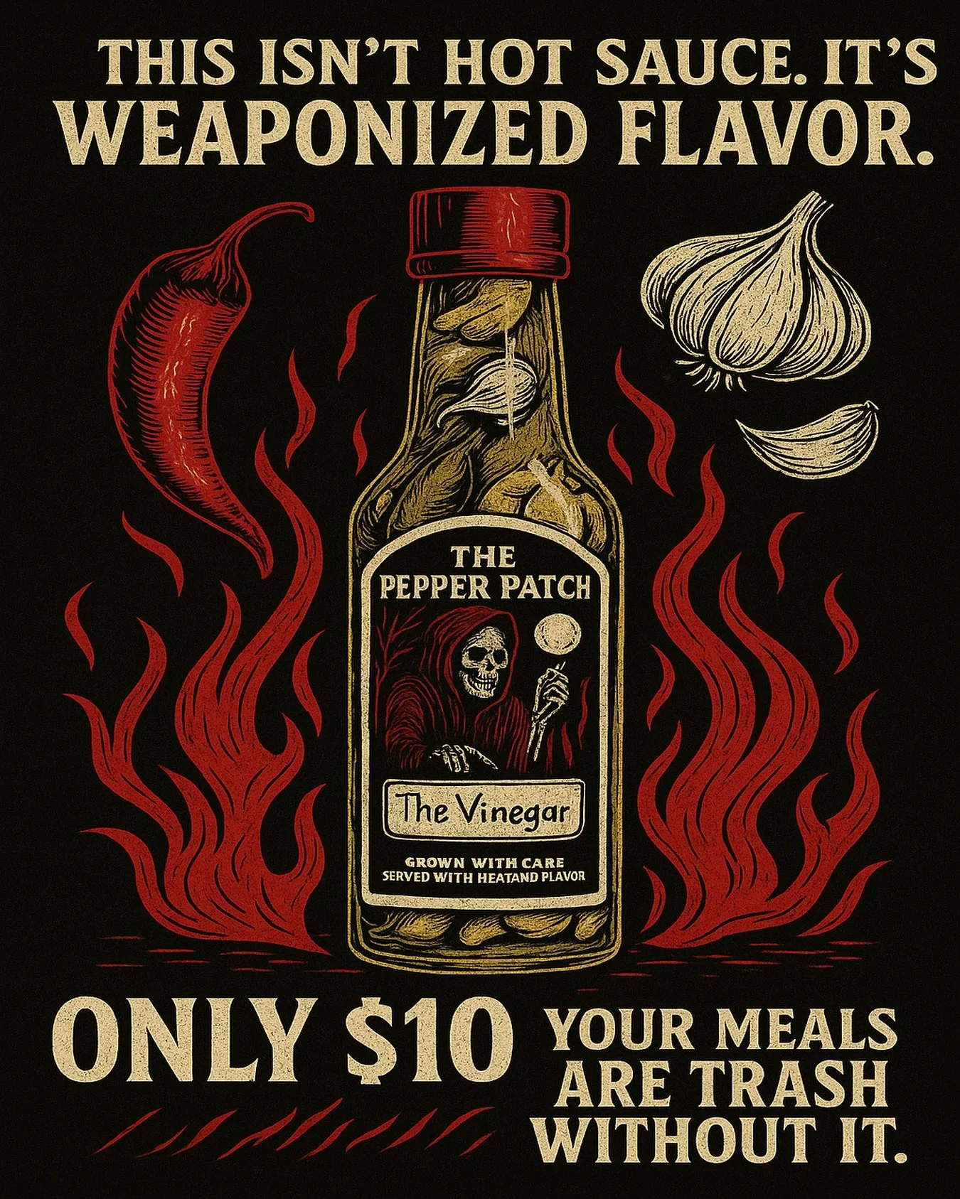 🩸 THIS ISN&rsquo;T HOT SAUCE. IT&rsquo;S WEAPONIZED FLAVOR. 🩸

Meet The Vinegar &ndash; the condiment you didn&rsquo;t know you were missing, but now you can&rsquo;t live without.
💀 Serrano peppers
💀 Peperoncini
💀 Whole cloves of garlic (because