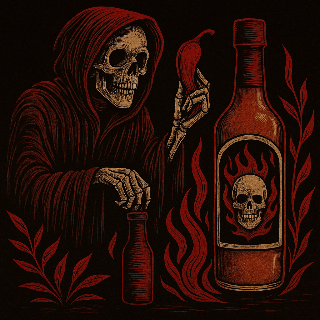 An illustration of a grinning skull in a red hooded cloak holding a chili pepper, with a bottle that has a skull and flames on its label, surrounded by red flames and leaves.