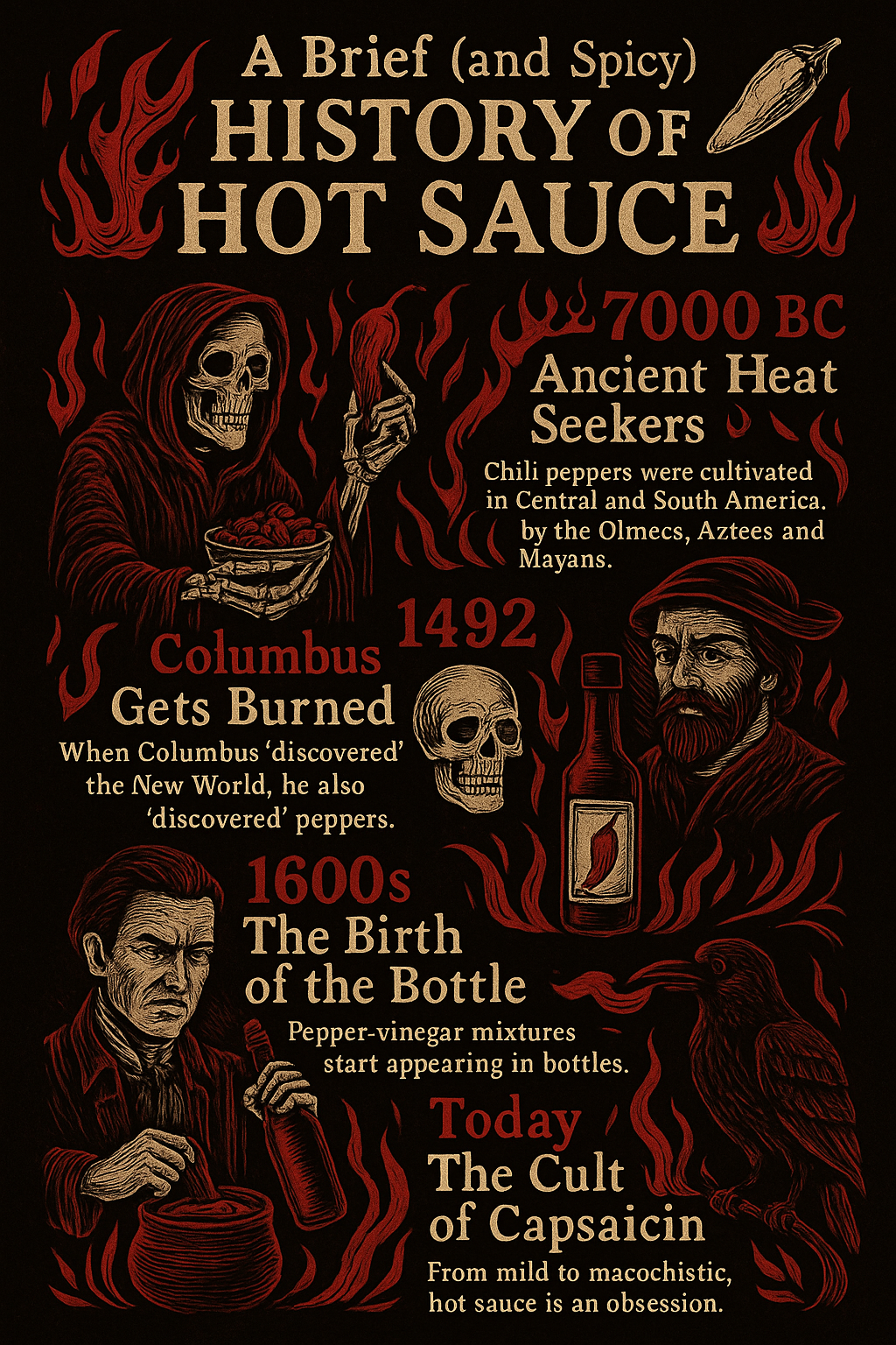 An infographic titled 'A Brief (and Spicy) History of Hot Sauce,' depicting hot sauce history with illustrations of a skeleton, a man holding a hot sauce bottle, a skull, and a crow. The timeline includes key points such as 7000 BC with ancient heat seekers cultivating chili peppers in Central and South America, 1492 with Columbus discovering peppers, 1600s with the birth of hot sauce in bottles, and today with the cult of capsaicin emphasizing hot sauce as an obsession.