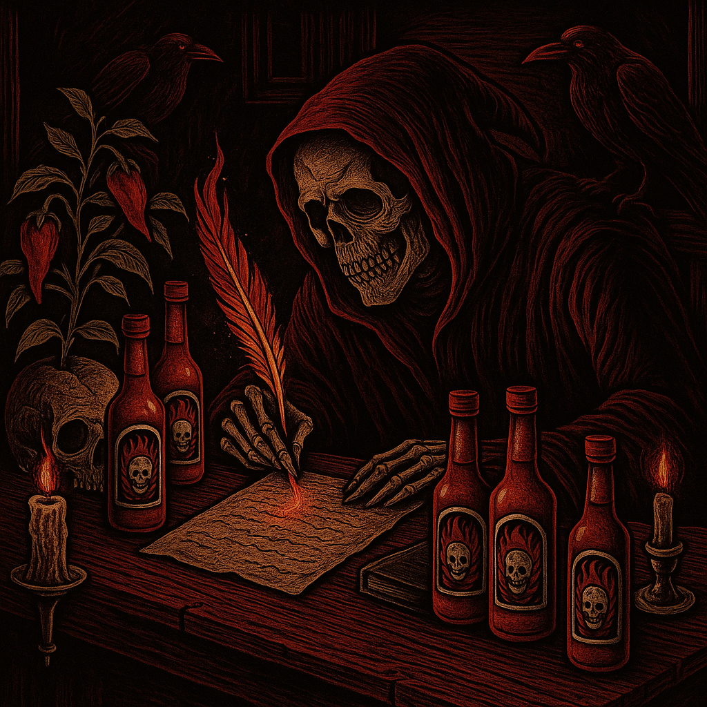 A skeleton dressed as the Grim Reaper with a hooded cloak, writing with a feather quill on parchment at a dark wooden desk. The scene includes four bottles with skull labels, a skull with a candle on top, two birds, a plant with red flowers, and a small lit candle, all in a dark and ominous atmosphere.