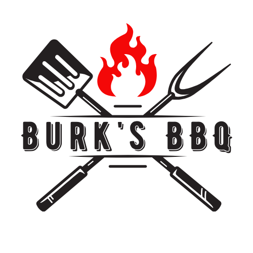 Logo for Burk's BBQ featuring a spatula, a flame, and a grilling fork with the text 'Burk's BBQ'.