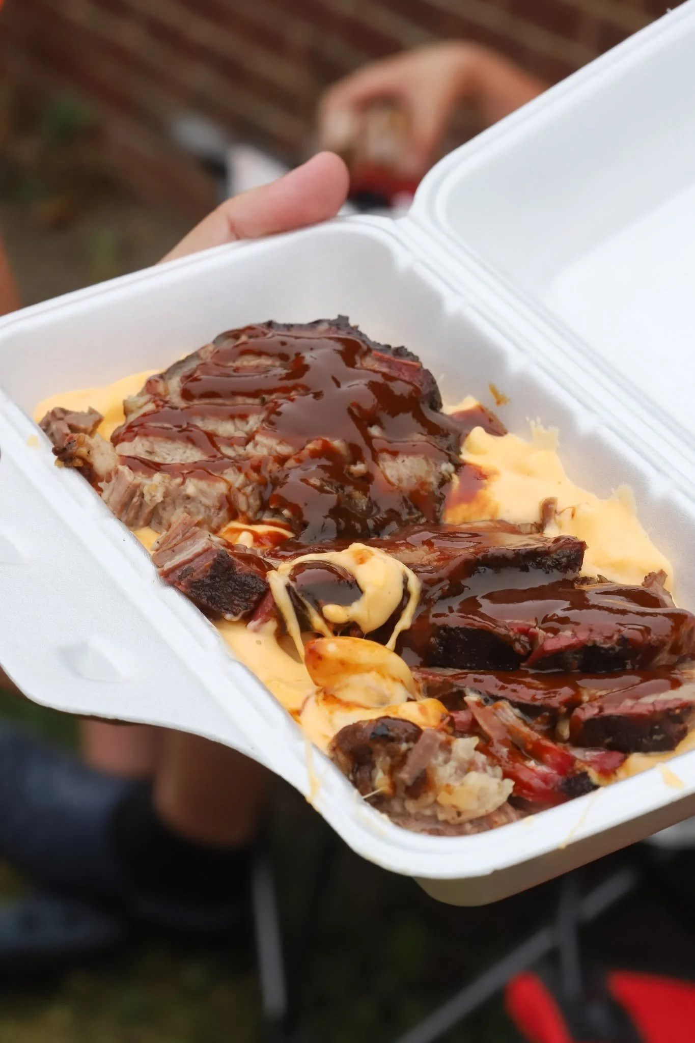 A close-up of a disposable white styrofoam plate holding pieces of barbecue brisket with barbecue sauce, served on top of mac and cheese.