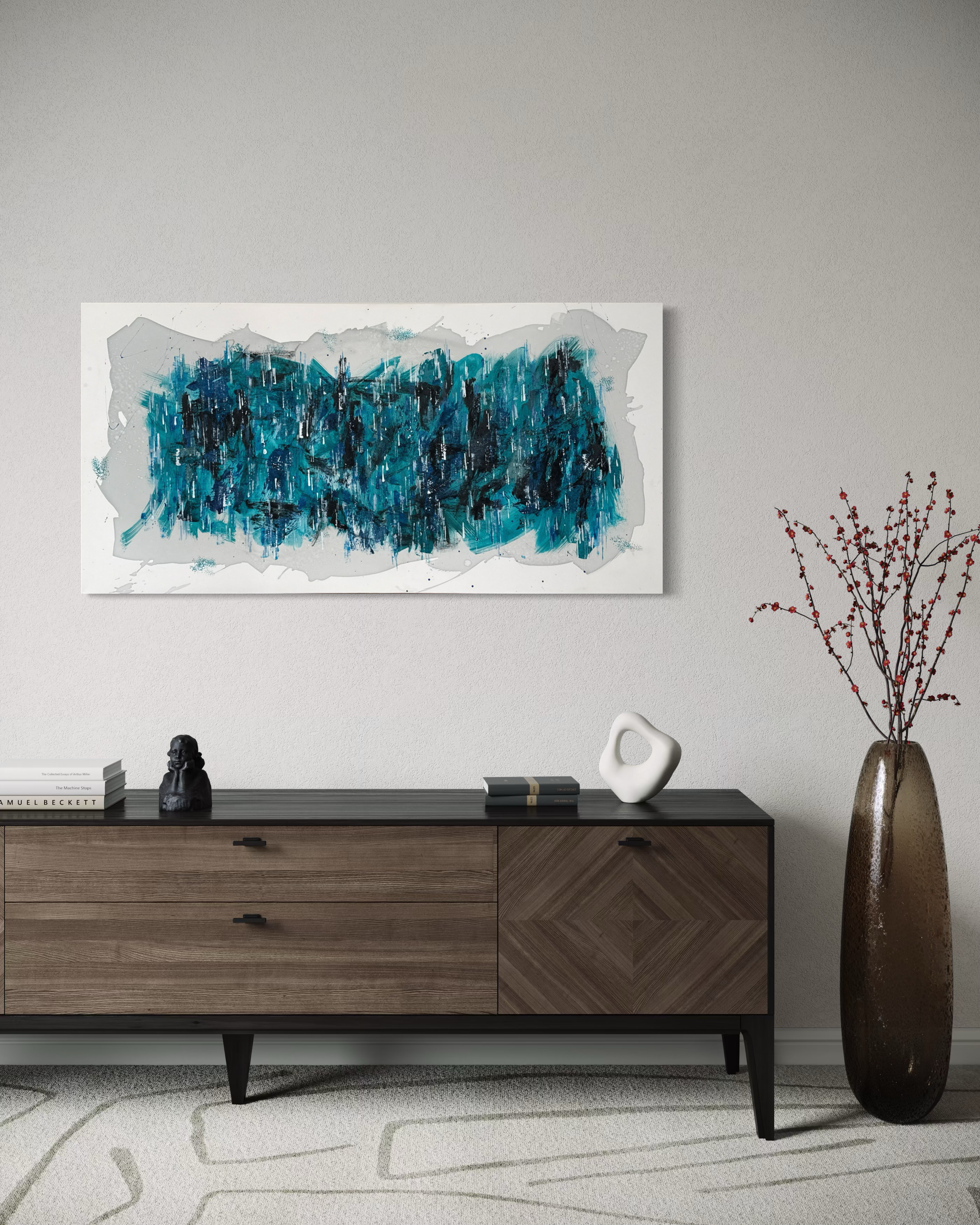 Emergence, original large abstract painting by Kirsten Asher, 24×48 inches, acrylic, wine tannin and sand, deep layered blue tones with textured surface