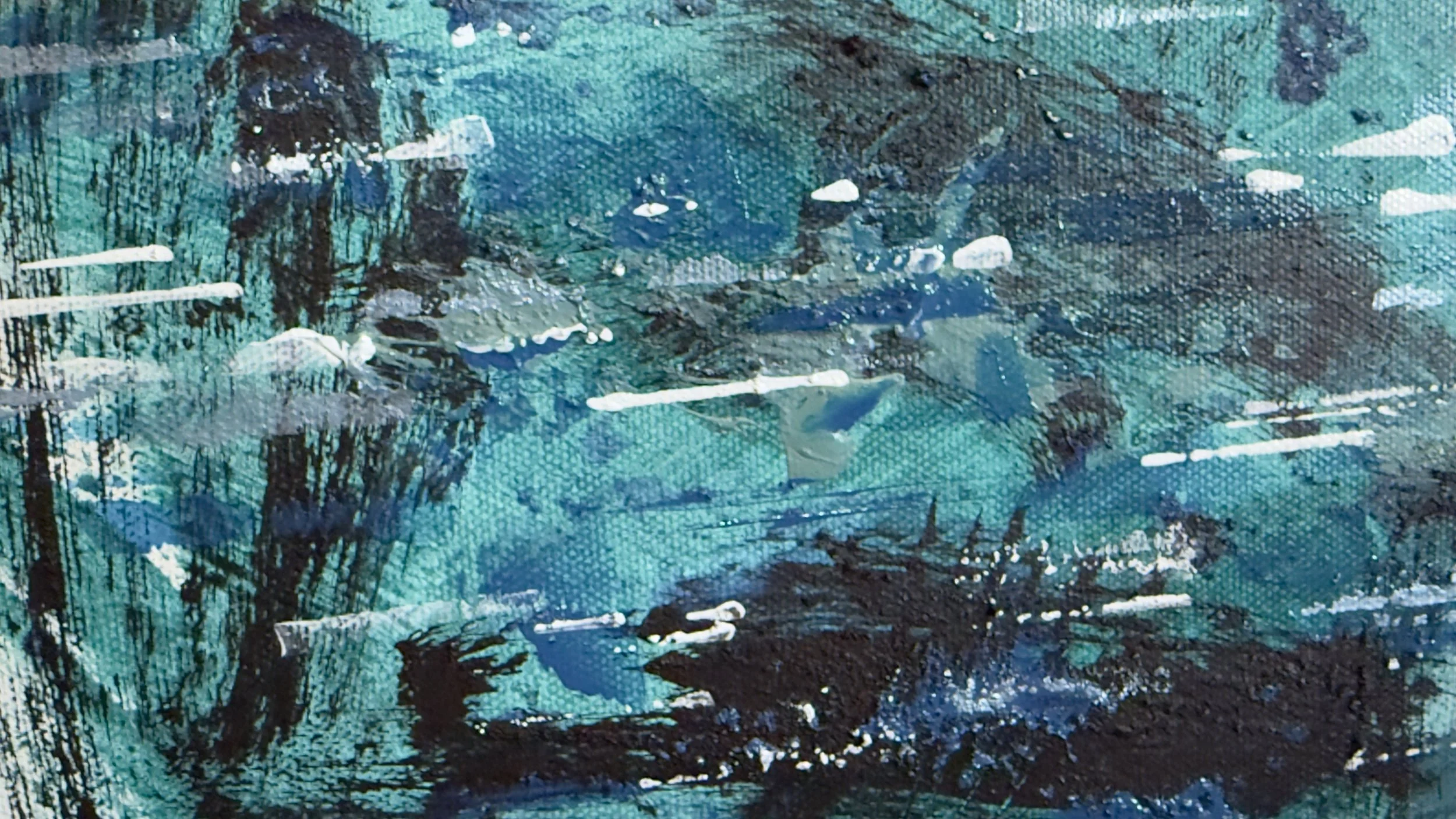 Detail of Emergence by Kirsten Asher showing wine tannin staining and sand texture on canvas surface