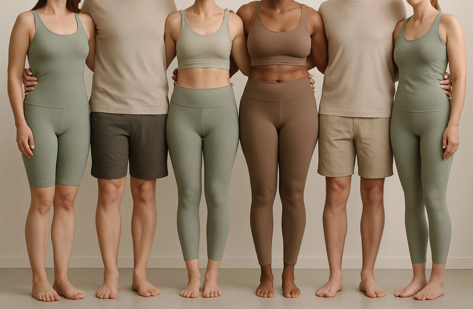 Six women standing side by side, all wearing neutral-colored athletic wear, with arms around each other's waists, in a neutral indoor setting.