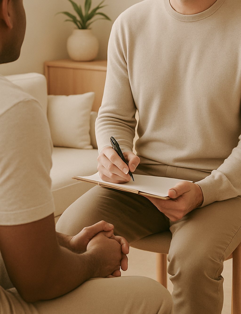 A therapist taking notes during a therapy session with a patient, sitting on a chair with a notebook and pen in a cozy, well-lit room.