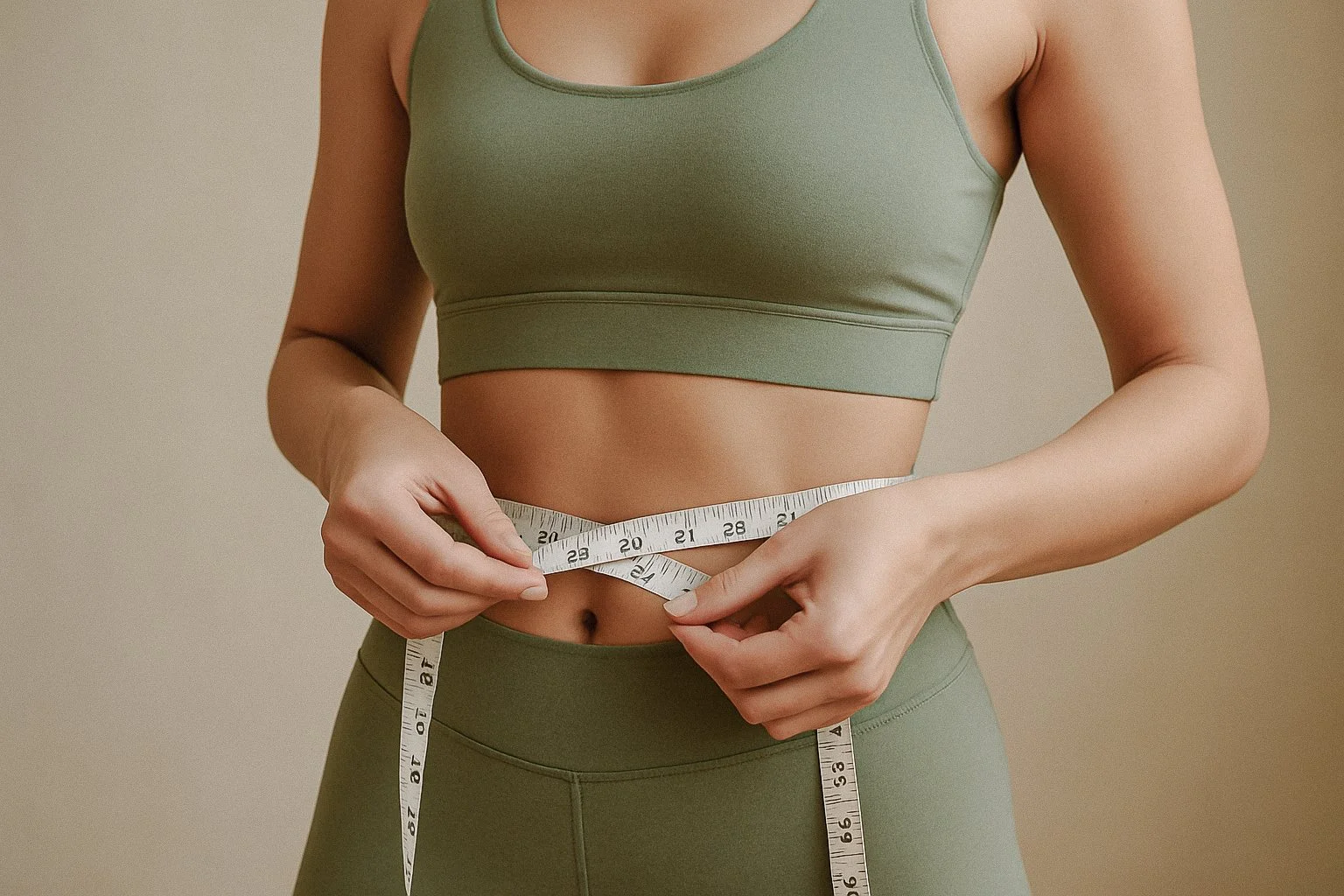 A woman in green athletic wear measuring her waist with a tape measure.