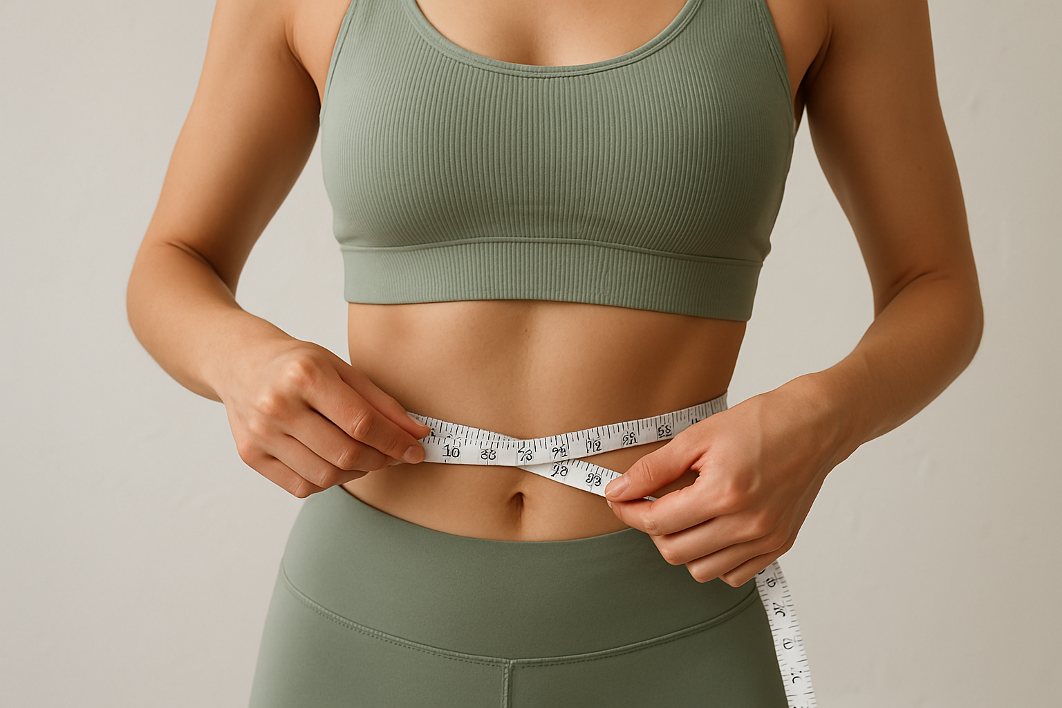 A woman wearing a green athletic bra and matching leggings measures her waist with a white measuring tape.