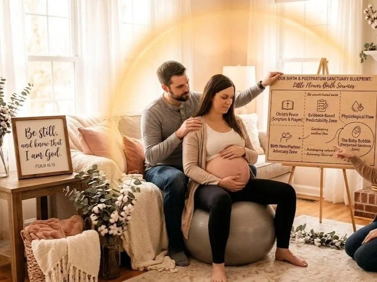 Pregnant woman sitting on an exercise ball with a partner behind her in a cozy living room, during a birth and postpartum class, with a whiteboard and decorative plants and framed sign nearby.
