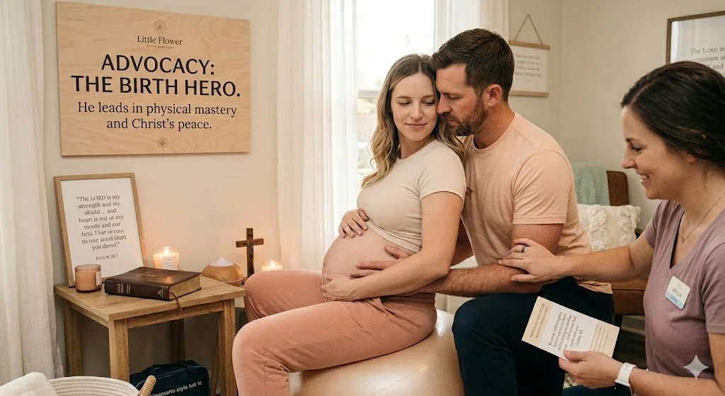 Partner kneeling next to pregnant mom on a birth ball being held by doula Melanie Powell.