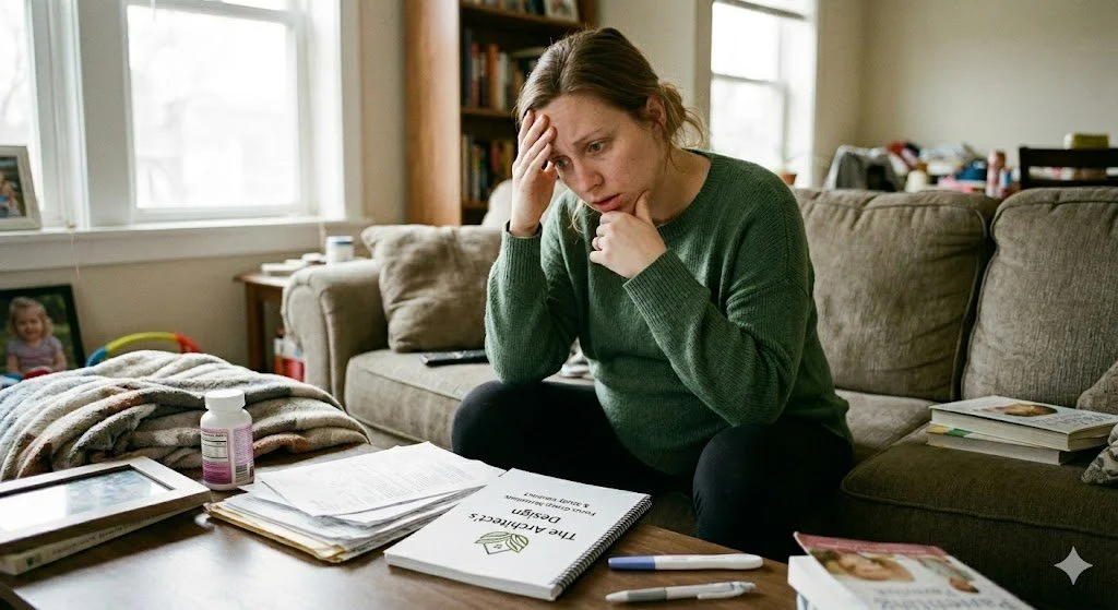 Pregnant mom sitting on her couch looking overwhelmed with papers on her desk reading The Architet's Design