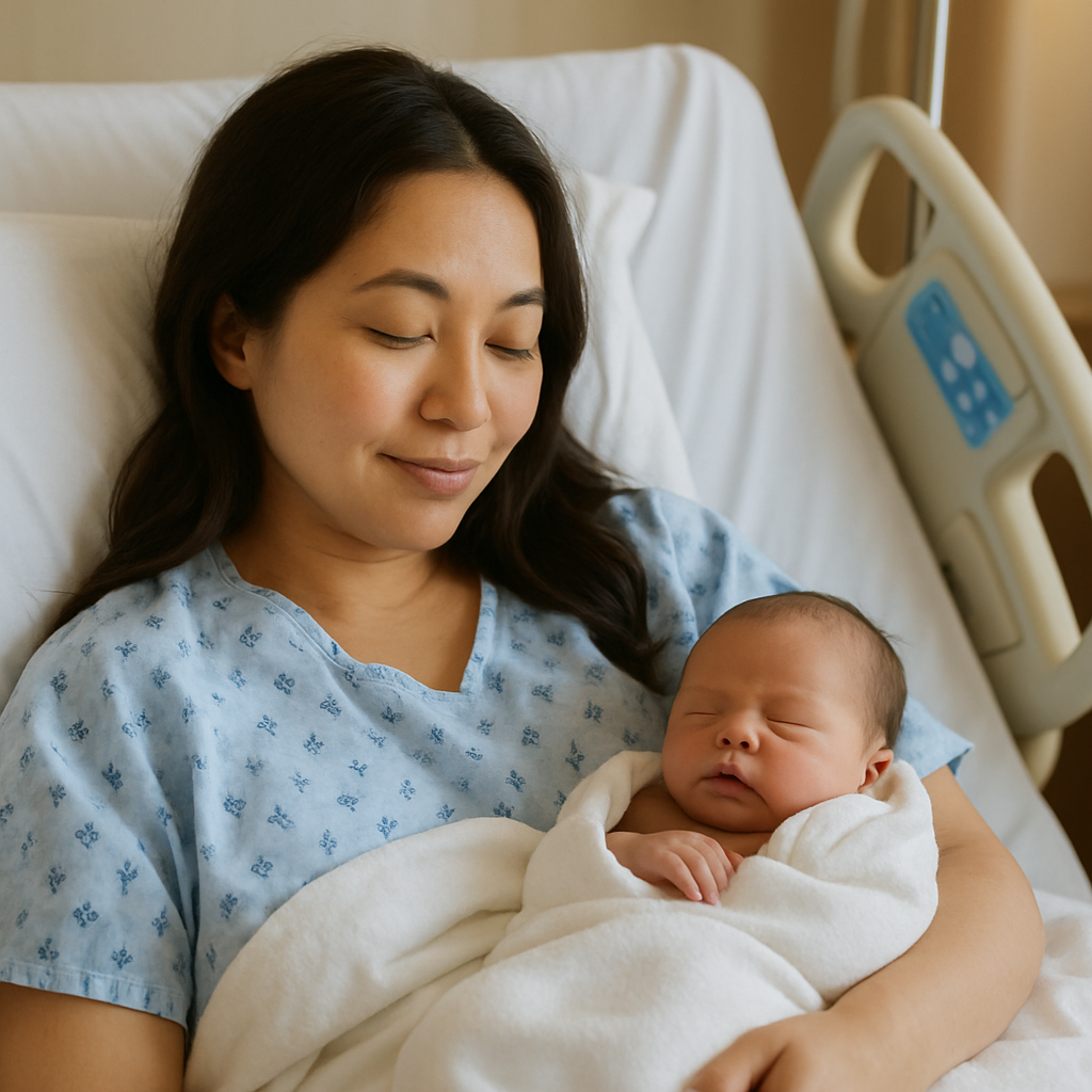 "Mother resting in a hospital bed with her newborn swaddled on her chest, peacefully bonding during rooming-in care."