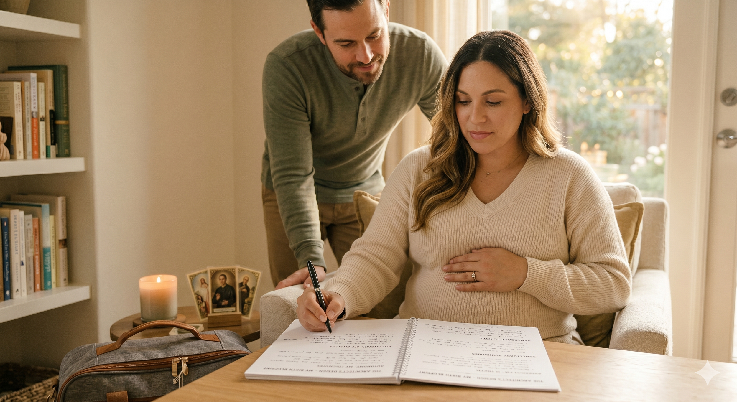 A pregnant woman sits at a table, signing papers or a book, with a man standing beside her looking on. The setting is warmly lit with a candle, religious photos, and books visible. The woman gently places her hand on her stomach, and she appears focused.