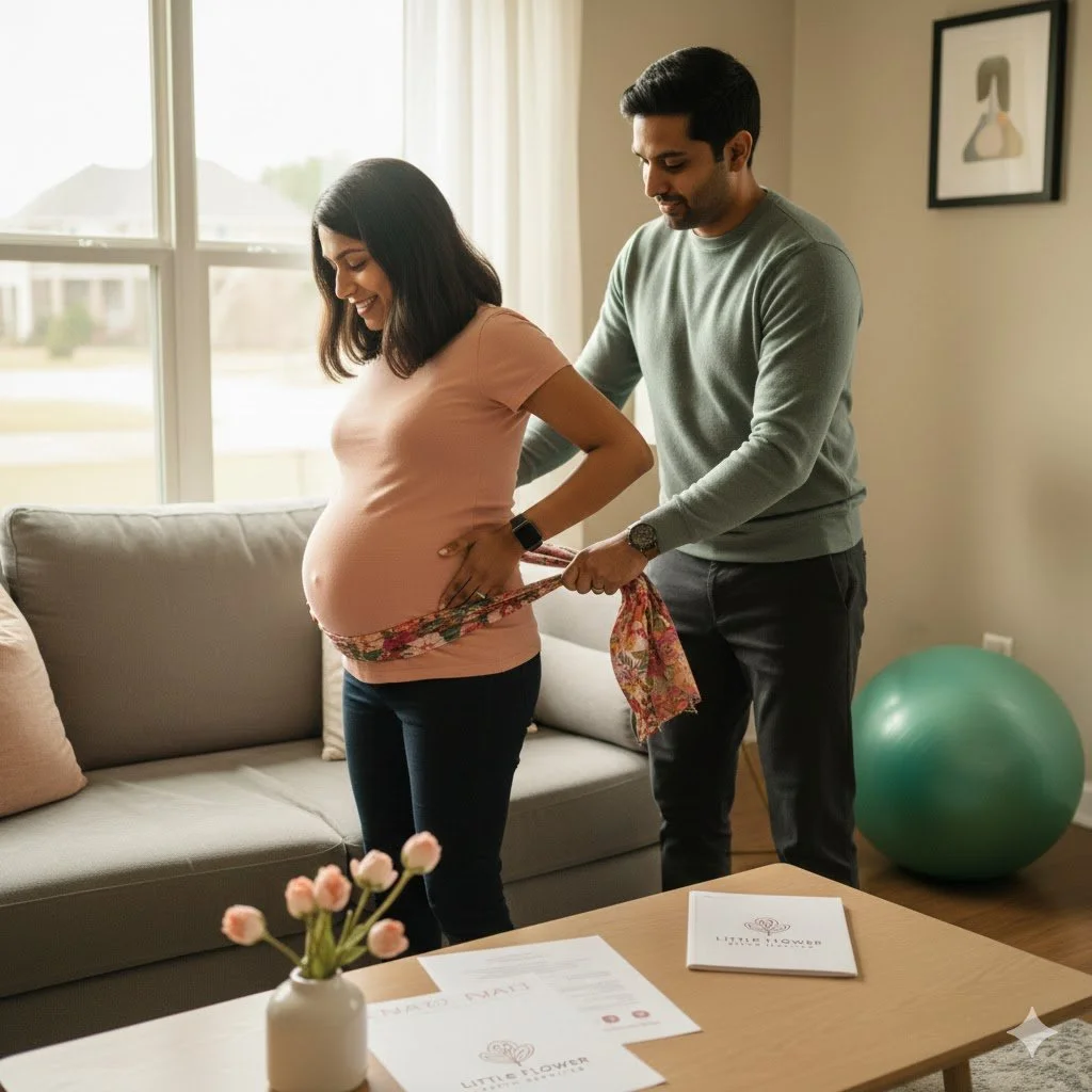 A pregnant woman is smiling while a man helps her tie a floral scarf around her belly in a cozy living room.