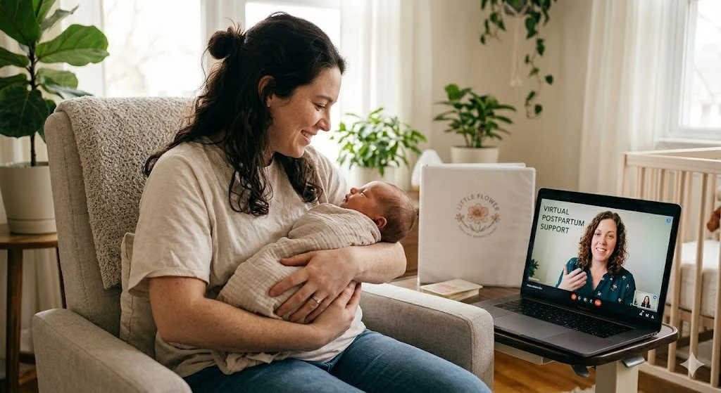 A woman holding a newborn baby while talking to a woman on a video call on a laptop, with a poster reading 'Little Flow' and 'Virtual Postpartum Support' in the background.