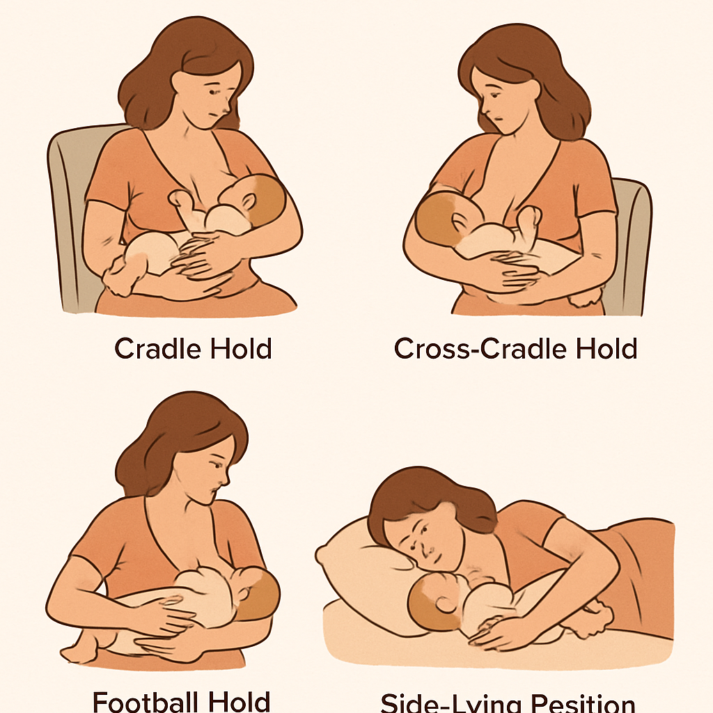 "Illustrated breastfeeding positions guide showing cradle hold, cross-cradle hold, football hold, and side-lying position with a parent nursing an infant in each pose."