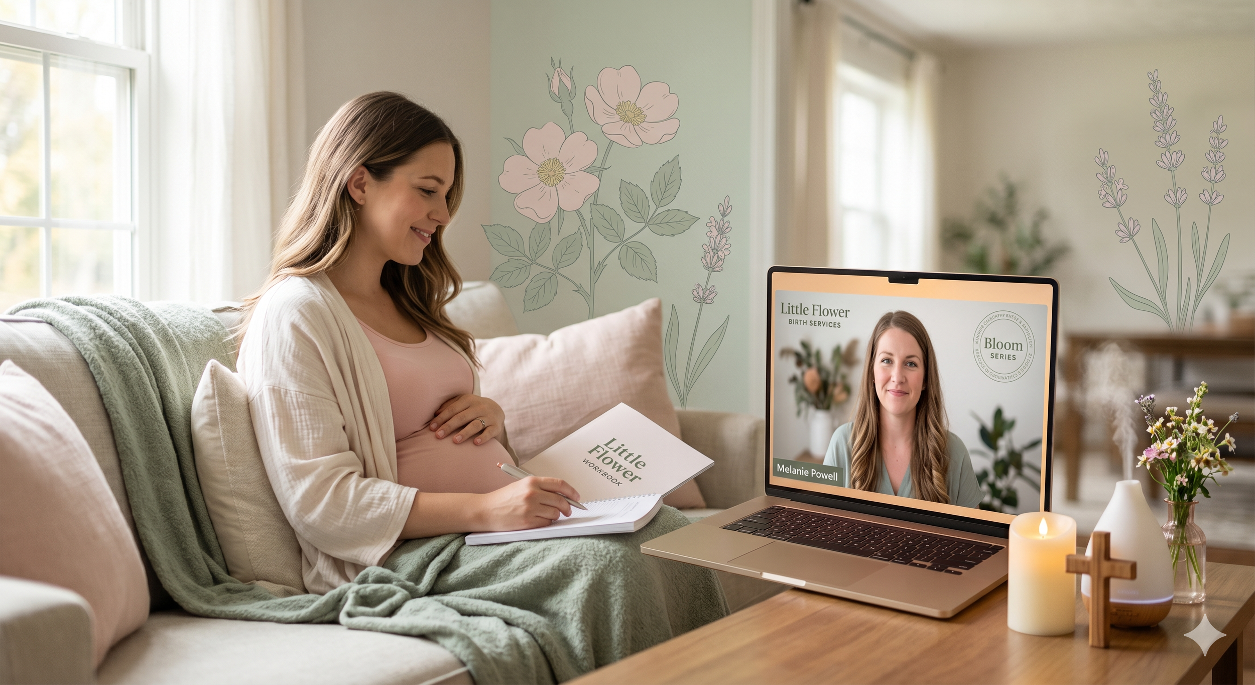 Pregnant Mama sitting on her couch with her hand on her belly holding the comprehensive birth guide. Her laptop on the table displaying a video call with her doula.