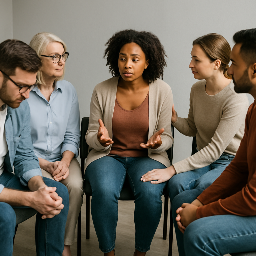 "Group of adults sitting in a supportive circle, with one person speaking while others listen and offer comfort during a postpartum or emotional support session."