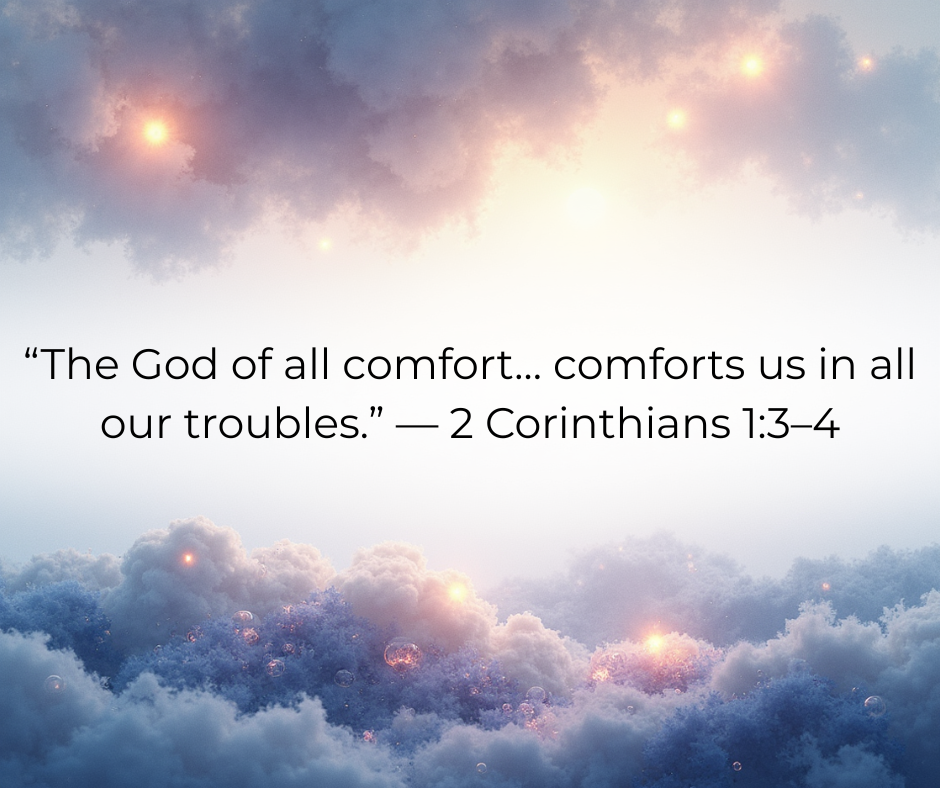"Image of Clouds parted to clear skies in the middle with text reading the god of all comfort... comforts us in our troubles."