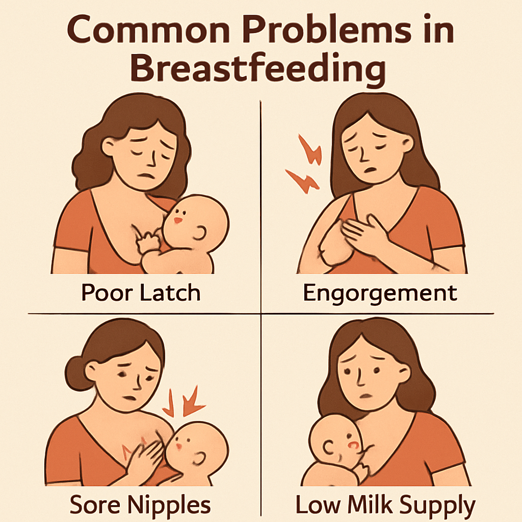 "Illustrated guide to common breastfeeding problems, including poor latch, engorgement, sore nipples, and low milk supply, shown with simple visuals of a parent and baby."