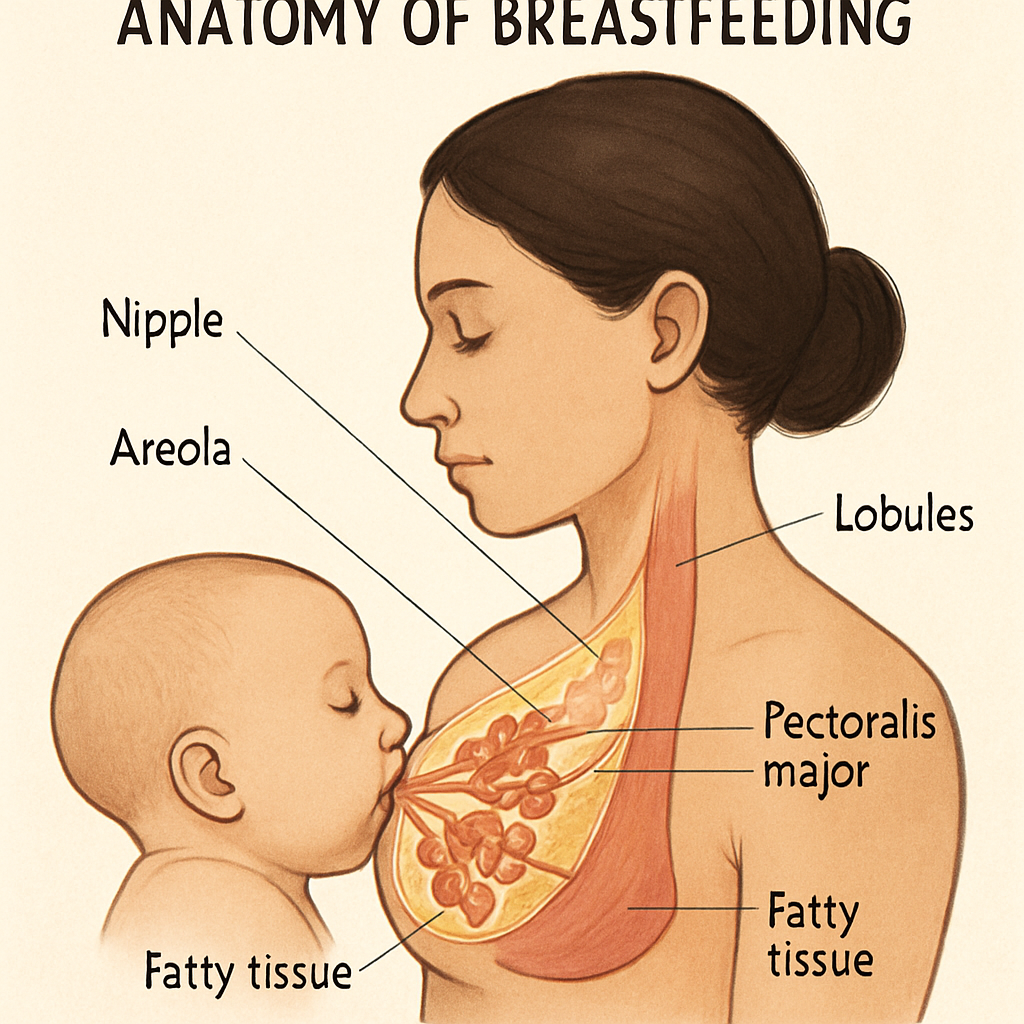 "Illustrated diagram showing the anatomy of breastfeeding, including the nipple, areola, lobules, fatty tissue, and pectoralis major, with a baby latched at the breast."