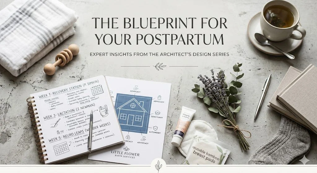 A flat lay of postpartum planning materials, including a booklet titled 'The Blueprint for Your Postpartum,' an open journal with notes and a pen, a cup of tea on a saucer, a bundle of lavender tied with string, reusable bamboo breast pads, and a stack of beige cloth napkins, all arranged on a light surface.