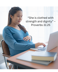 A woman in a blue sweater sitting at a desk, holding her arm with a quote overlay that reads, 'She is clothed with strength and dignity' – Proverbs 31:25.