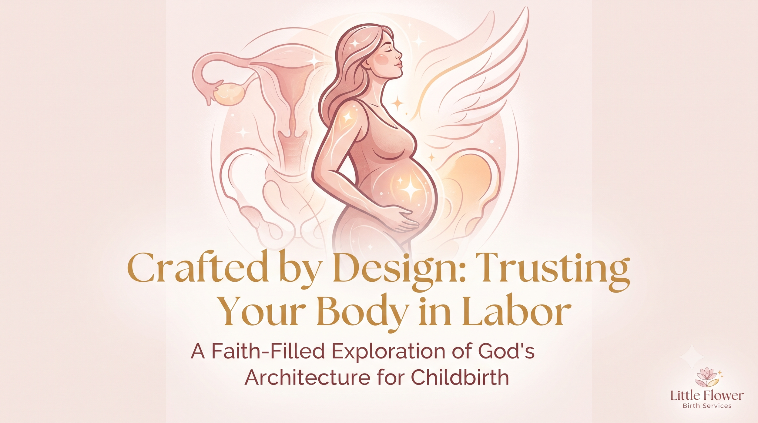 Pregnant mom holding her belly behind her images of the uterus wings and the pelvis.
