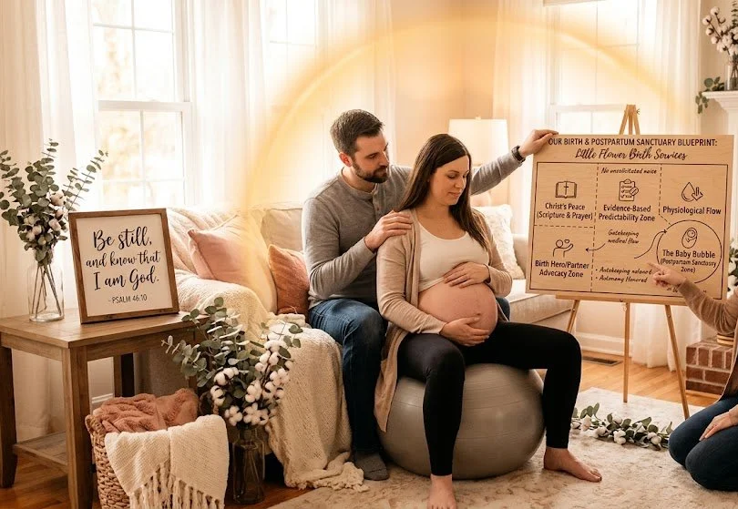 Pregnant mom sitting on a birth  ball with her partner sitting behind her hand on her shoulder.  A circle of light around both of them