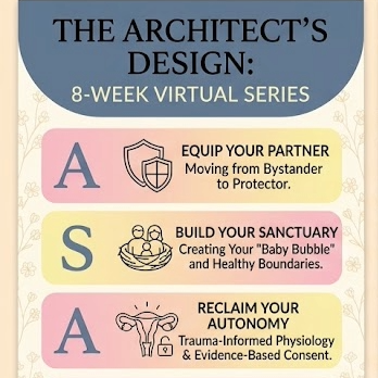 Schedule for The Architect's Design 8-week virtual series with three sections: Equip Your Partner, Build Your Sanctuary, Reclaim Your Autonomy, each with specific goals and advice.