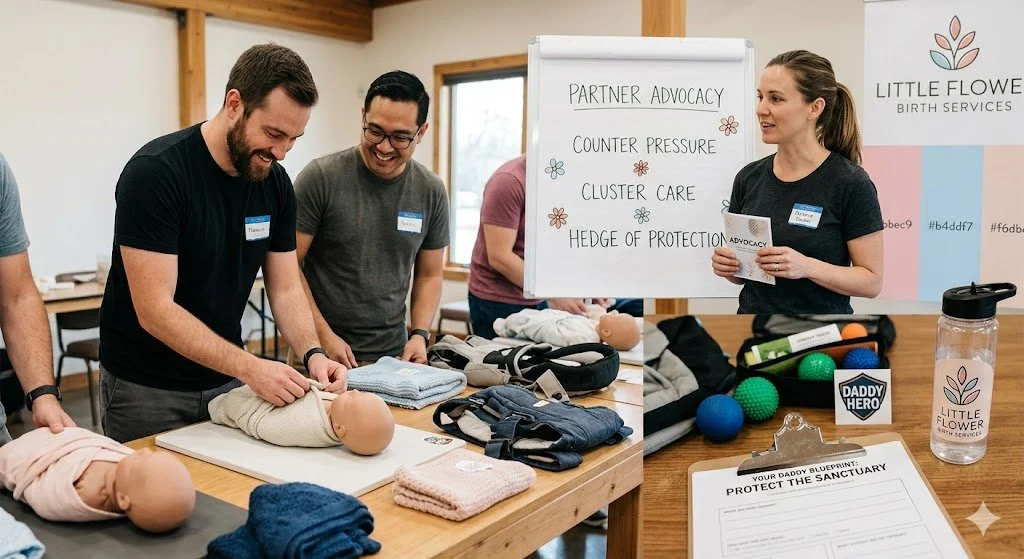 People participating in a childbirth education class, practicing baby care techniques with dolls, along with baby supplies on the table and a whiteboard with educational topics.