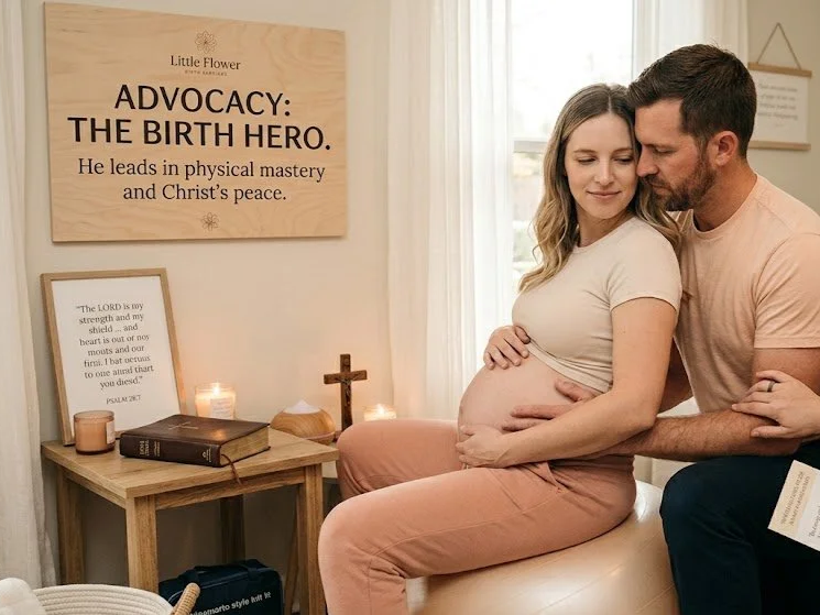 A husband acts as the birth hero, applying hands-on physical counter-pressure techniques to his pregnant wife during labor on a birth ball. A supportive doula smiles and guides his movements in a comfortable, trauma-informed sanctuary setting.