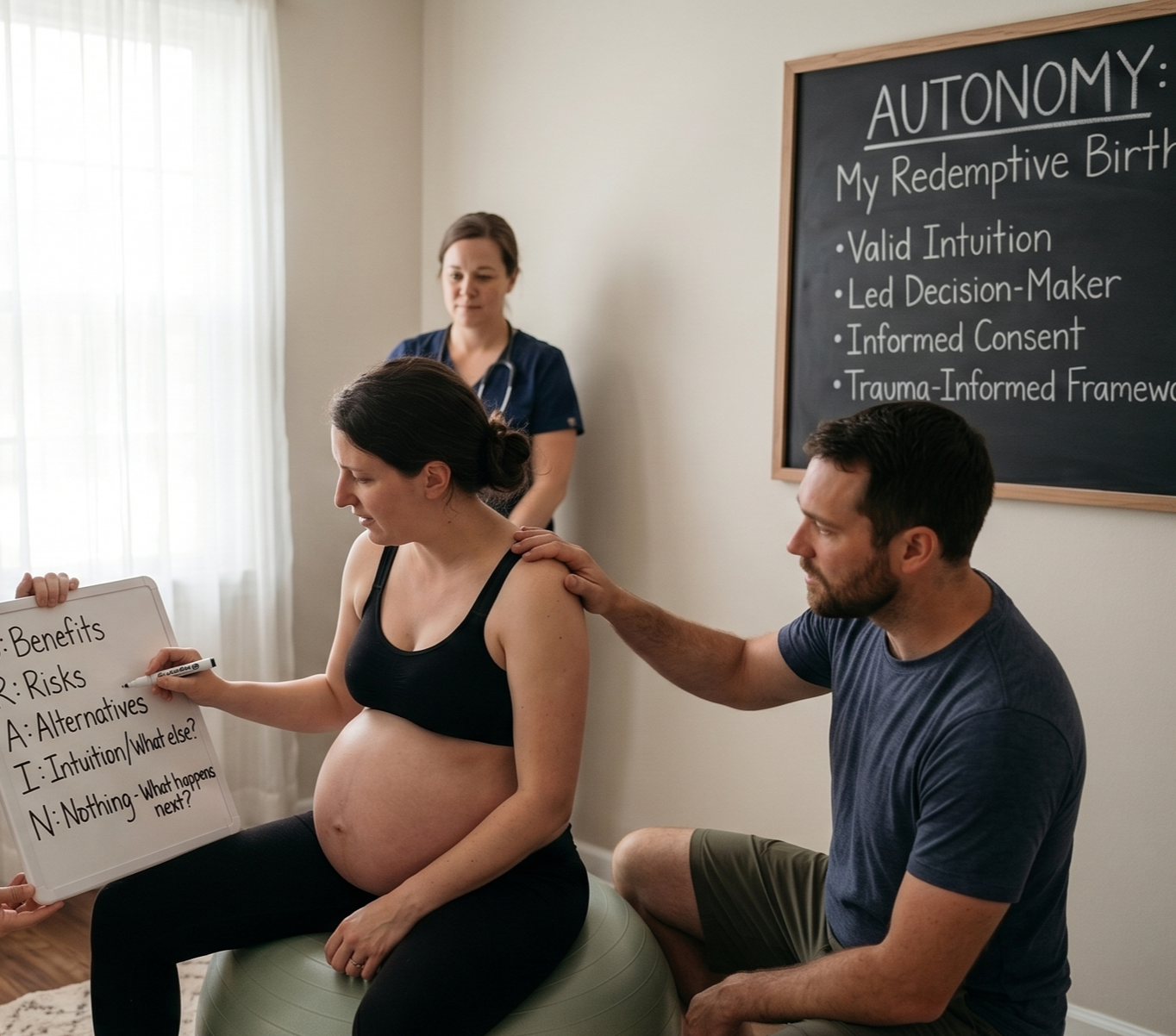 Pregnant mom sitting on a birth ball writing on  a white board.  Her partner behind her with his hand on her shoulder.  A nurse standing in the corner.