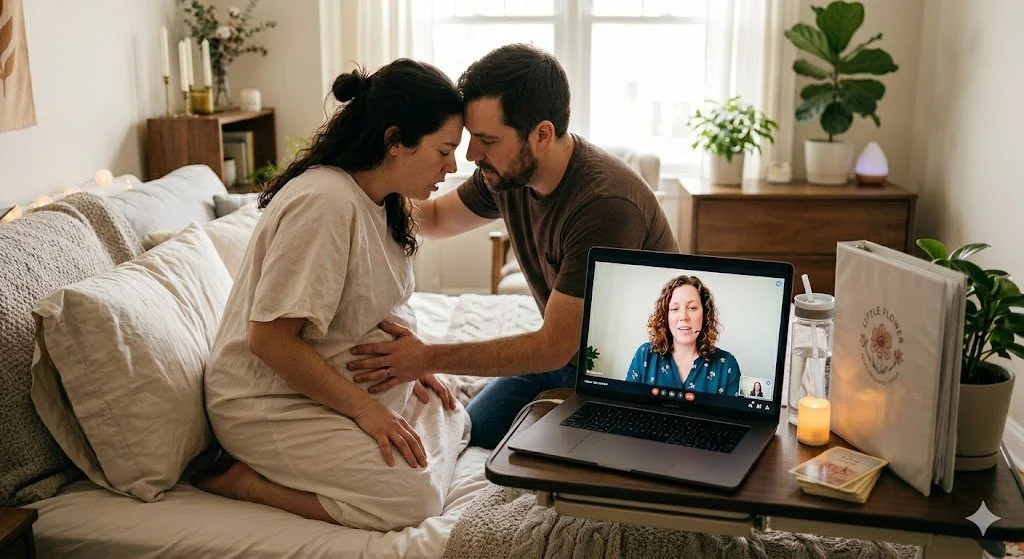 Laboring mom kneeling on the bed her husband infront of her with one hand on her belly and the other on her back.  A laptop with Doula Melanie Powell supporting them through labor next to a candle the little flower birth guide and a plant.