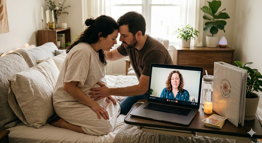 A couple sitting on a bed during a virtual childbirth class, with a woman holding her pregnant belly and a man supporting her, a laptop showing a woman teaching the class, and cozy bedroom decor.