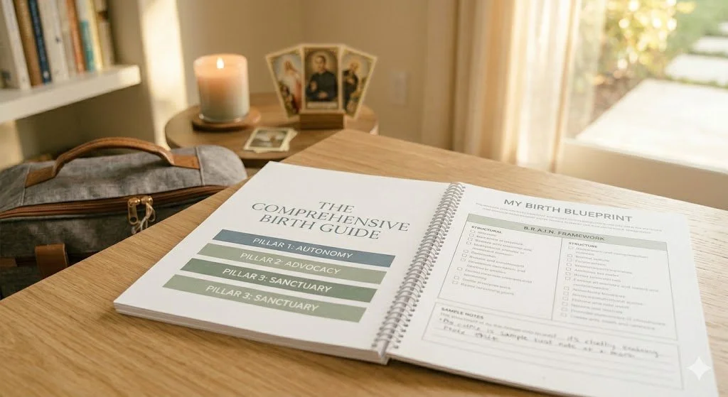 Open booklet titled "The Comprehensive Birth Guide" with sections on pillars of autonomy, advocacy, and sanctuary. On the right page, a birth blueprint template is visible. Background includes a lit candle, religious cards, and a lit room with a window.