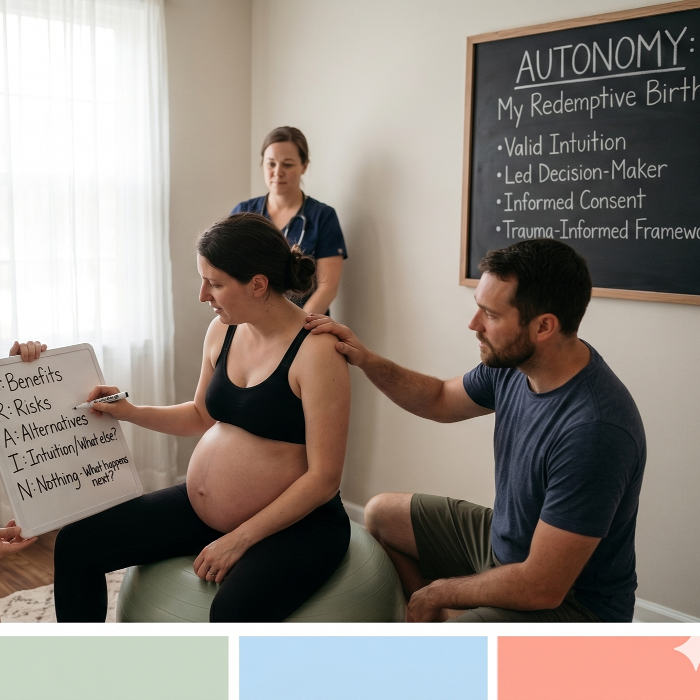 A confident and protective husband assumes the role of 'The Birth Hero', using taught hands-on physical support and emotional encouragement with his laboring wife in an intimate setting, supported by their doula.