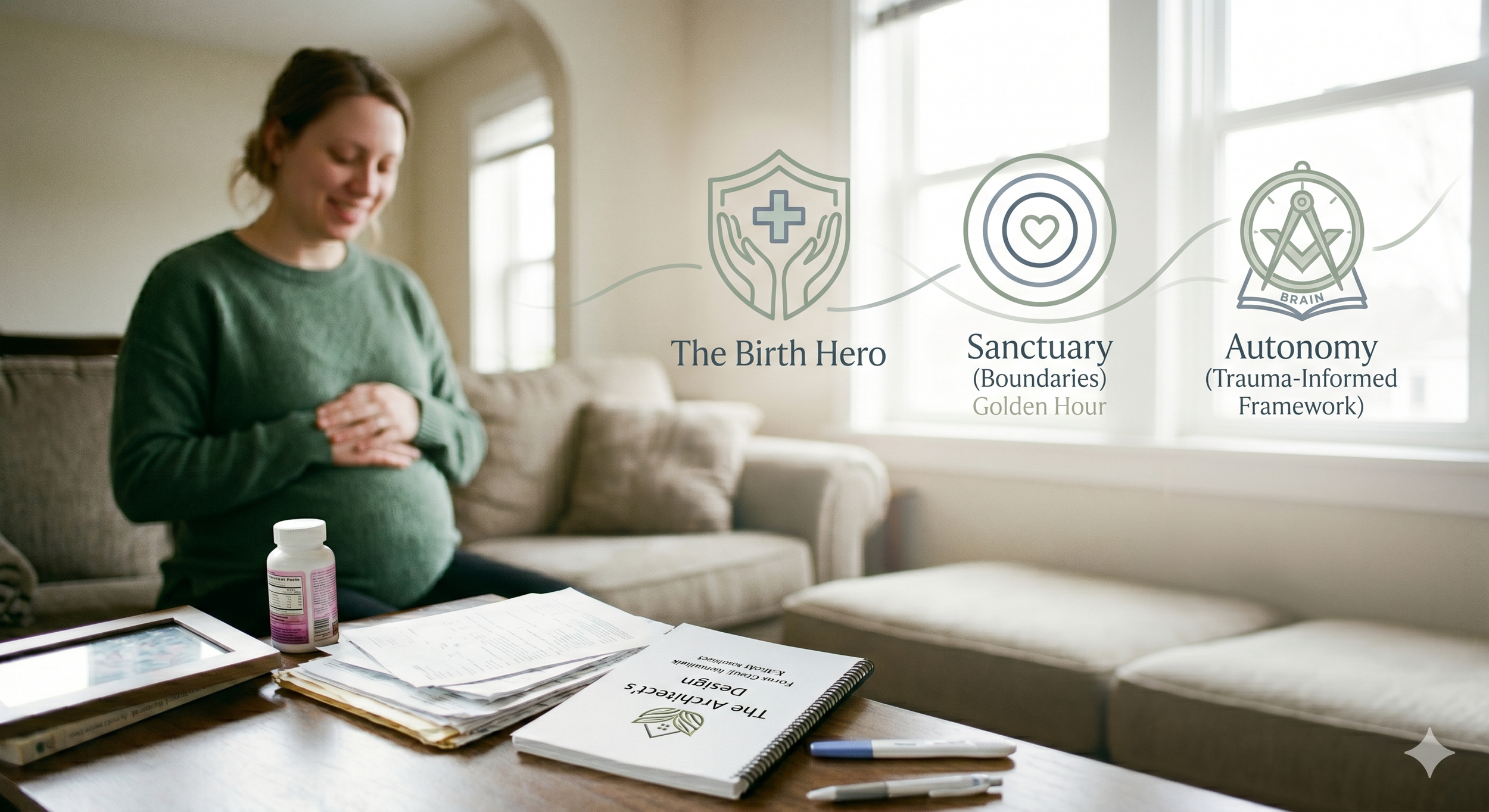 Pregnant mom with her hands on her belly looking relaxed and confident.  Images of three Pillars shown overhead The Birth Hero, Sanctuary, and Autonomy