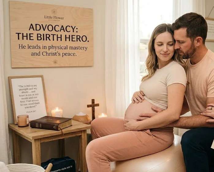 A husband acts as the birth hero, applying hands-on physical counter-pressure techniques to his pregnant wife during labor on a birth ball. A supportive doula smiles and guides his movements in a comfortable, trauma-informed sanctuary setting.