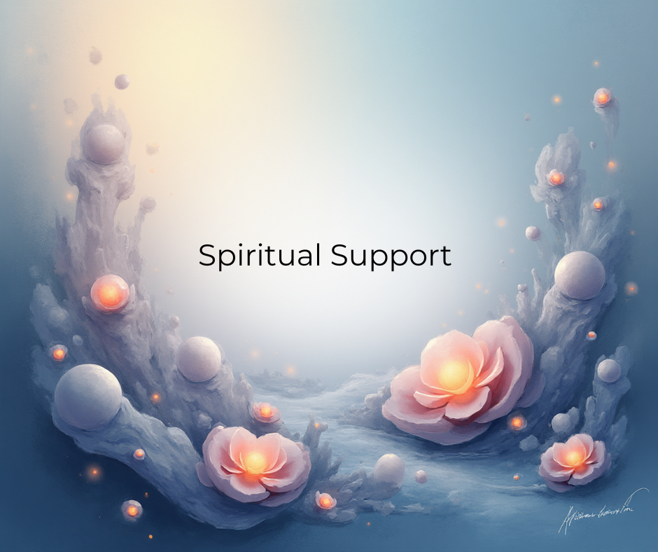 " Image of flowers with a blue and yellow background text reading spiritual Support"