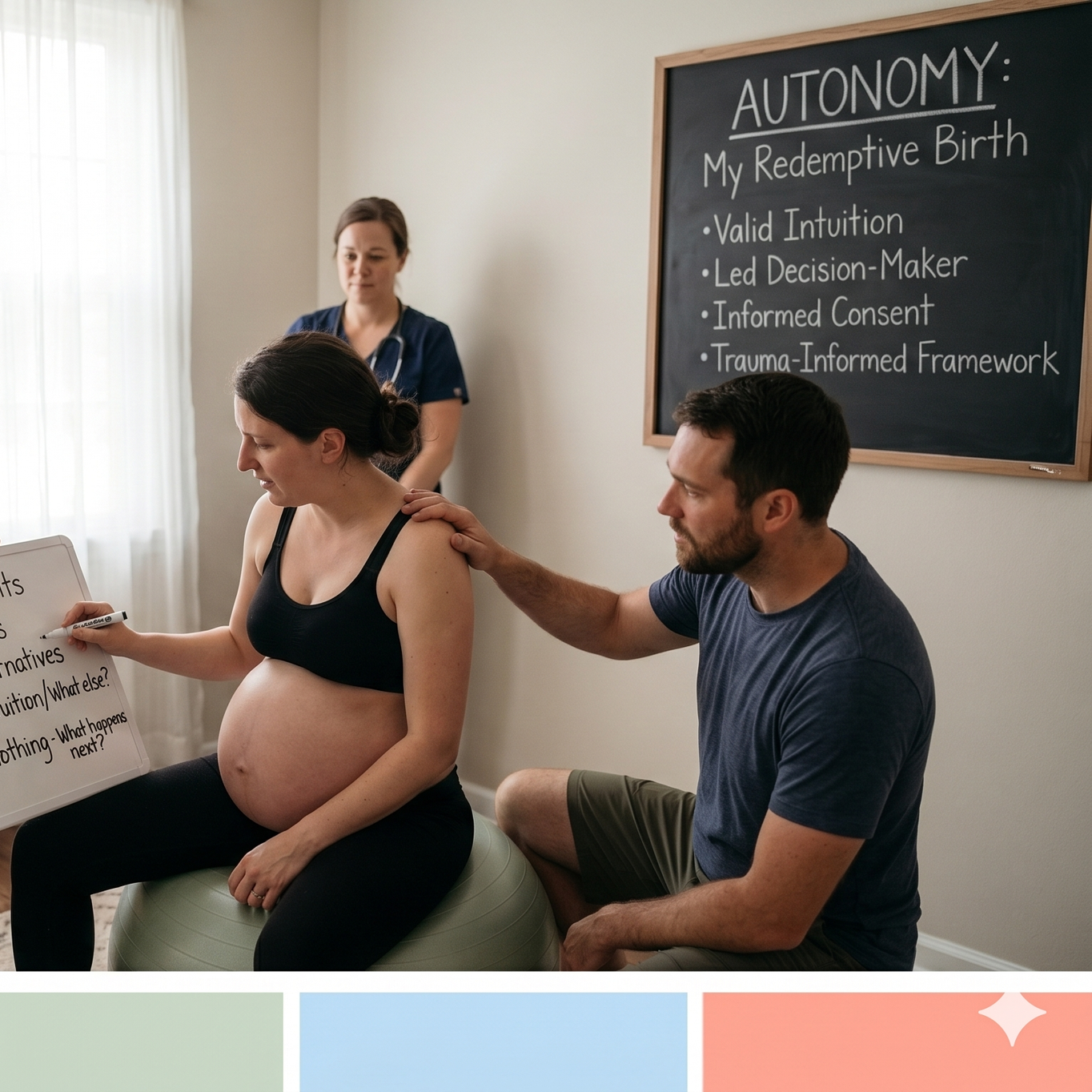 A candid view of a cozy and sunlit prepared home birthing area, including soft blankets, a birth ball, a framed scripture quote, and a couple looking intimate as they reference a hand-drawn blueprint map.